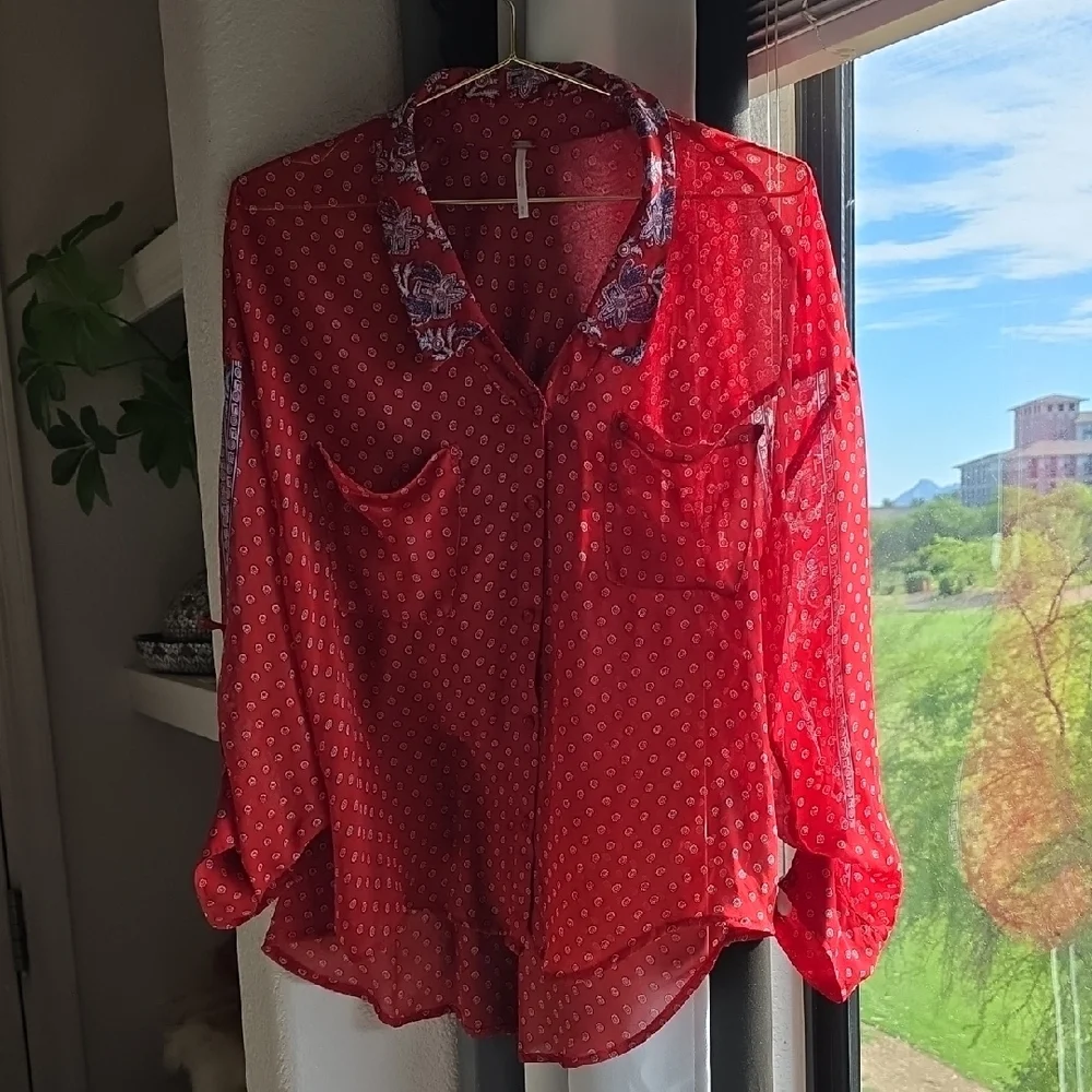 Free People Red and White Puff Sheer Sleeve Blouse Polka Dot Medium
